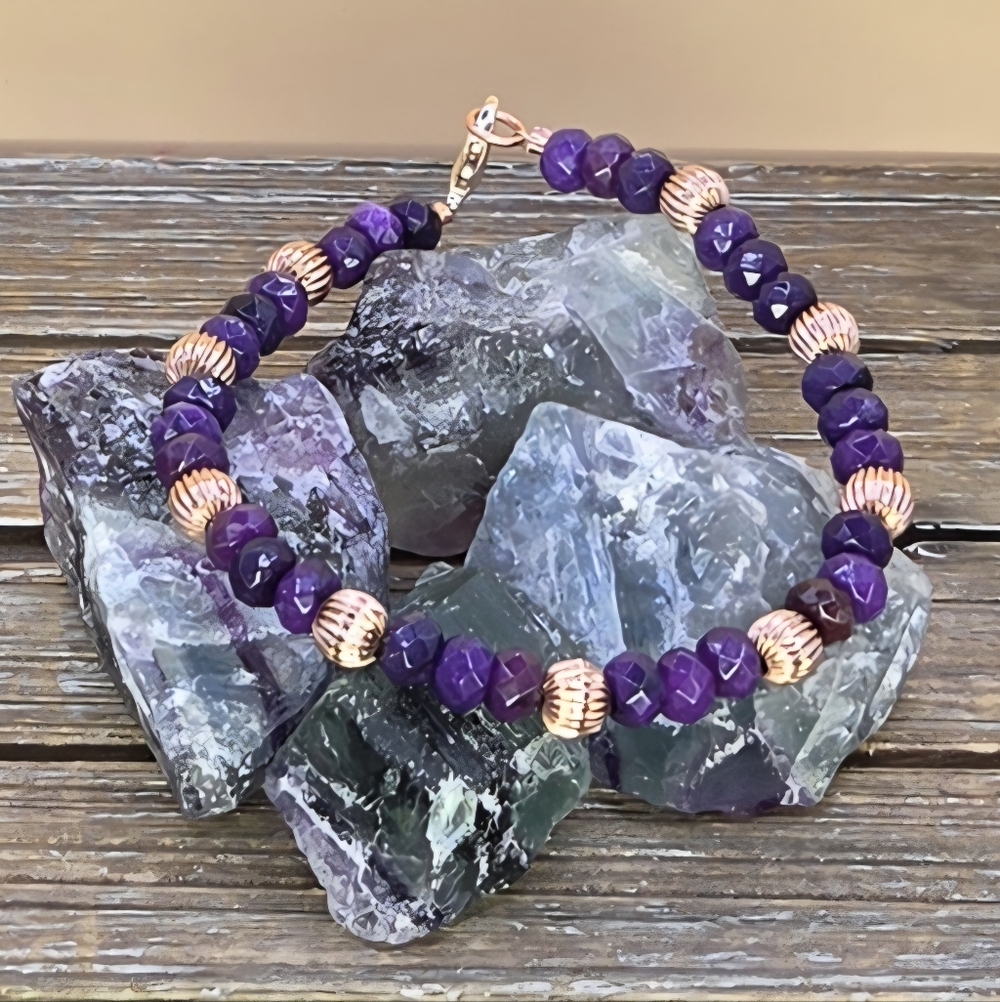 Purple Jade and Rose Gold Beaded Bracelet